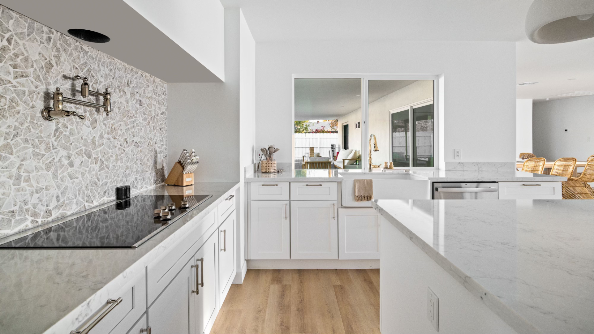 Remodeled kitchen with granite island.