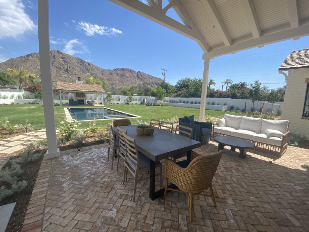 Elegant Arizona patio with pool and mountain view in Phoenix home